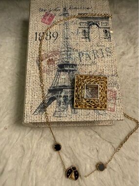 2 Piece Gold Filigree Square Frame Brooch and Necklace with Ladybird and Tulips